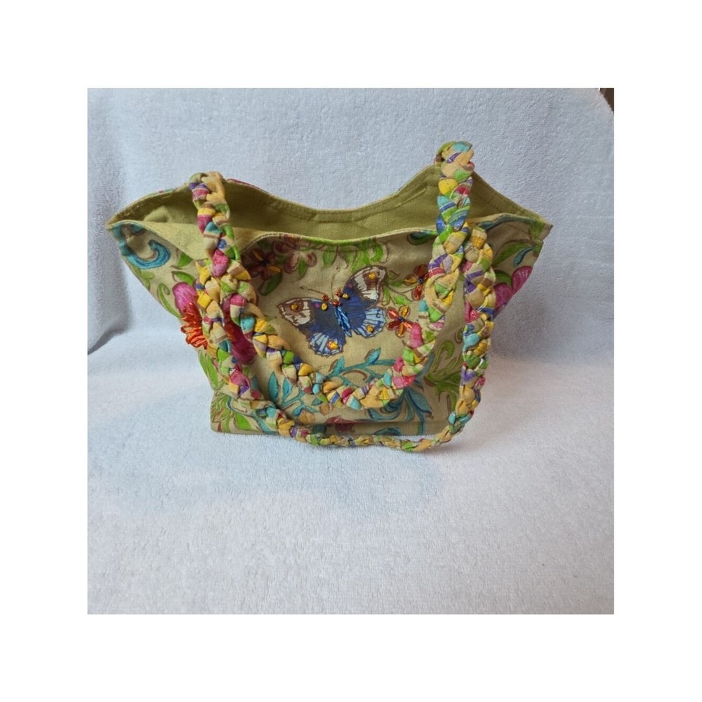 Sun N Sand Tote Bag Womens‎ Medium Tan Butterfly Floral Beaded Boho Handbag